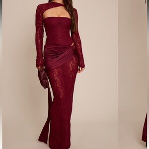 DARK WINE LACE RUCHED WRAP SLINKY MAXI SKIRT & BODYSUIT